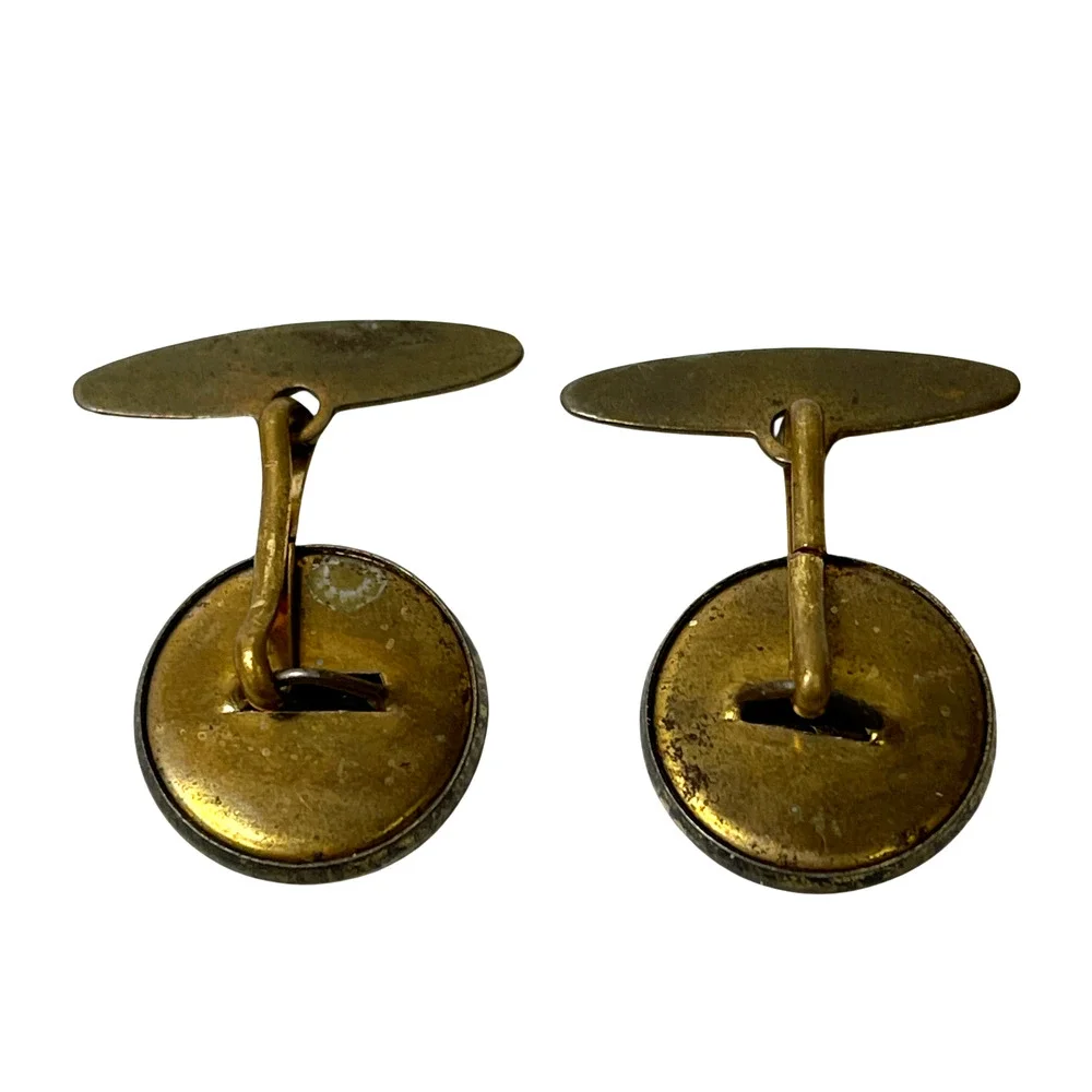 19th C Brass Cufflinks Embossed Fisherman Motif High Relief Antique Jewelry